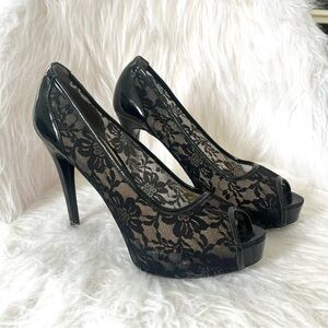 Guess Black Lace Peep Toe Heels